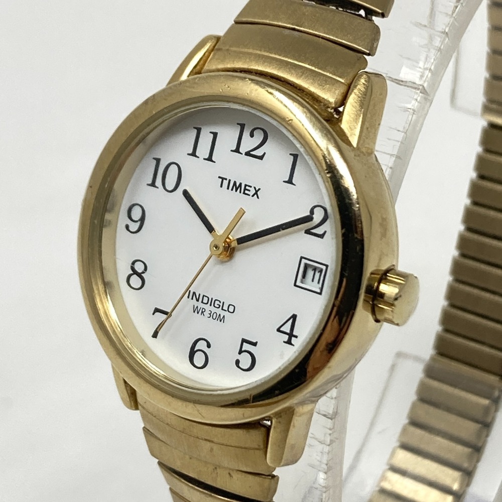 Timex Easy Reader Watch Women Gold Tone Date Indiglo Stretch Band New Battery 6"